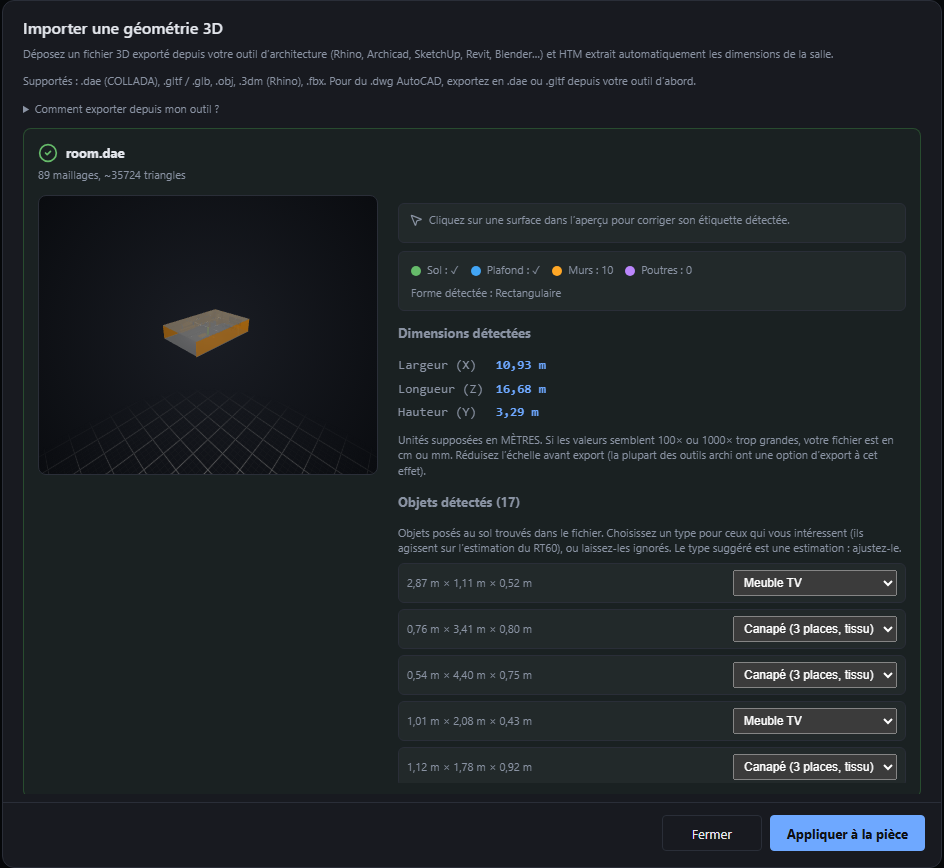 Fenêtre d'import 3D de HTM après lecture d'un fichier room.dae : 89 maillages, surfaces classées (sol, plafond, 10 murs), dimensions détectées et 17 objets de mobilier détectés avec leur type