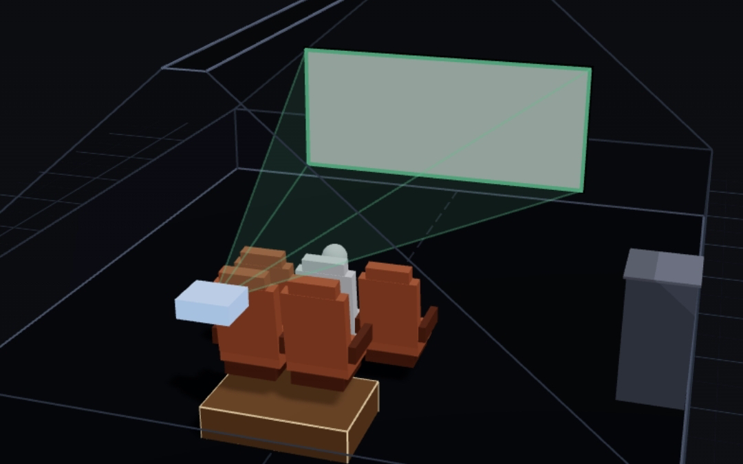 Vue 3D dans HTM du projecteur isolé : son cône de projection couvre l'écran au-dessus des sièges
