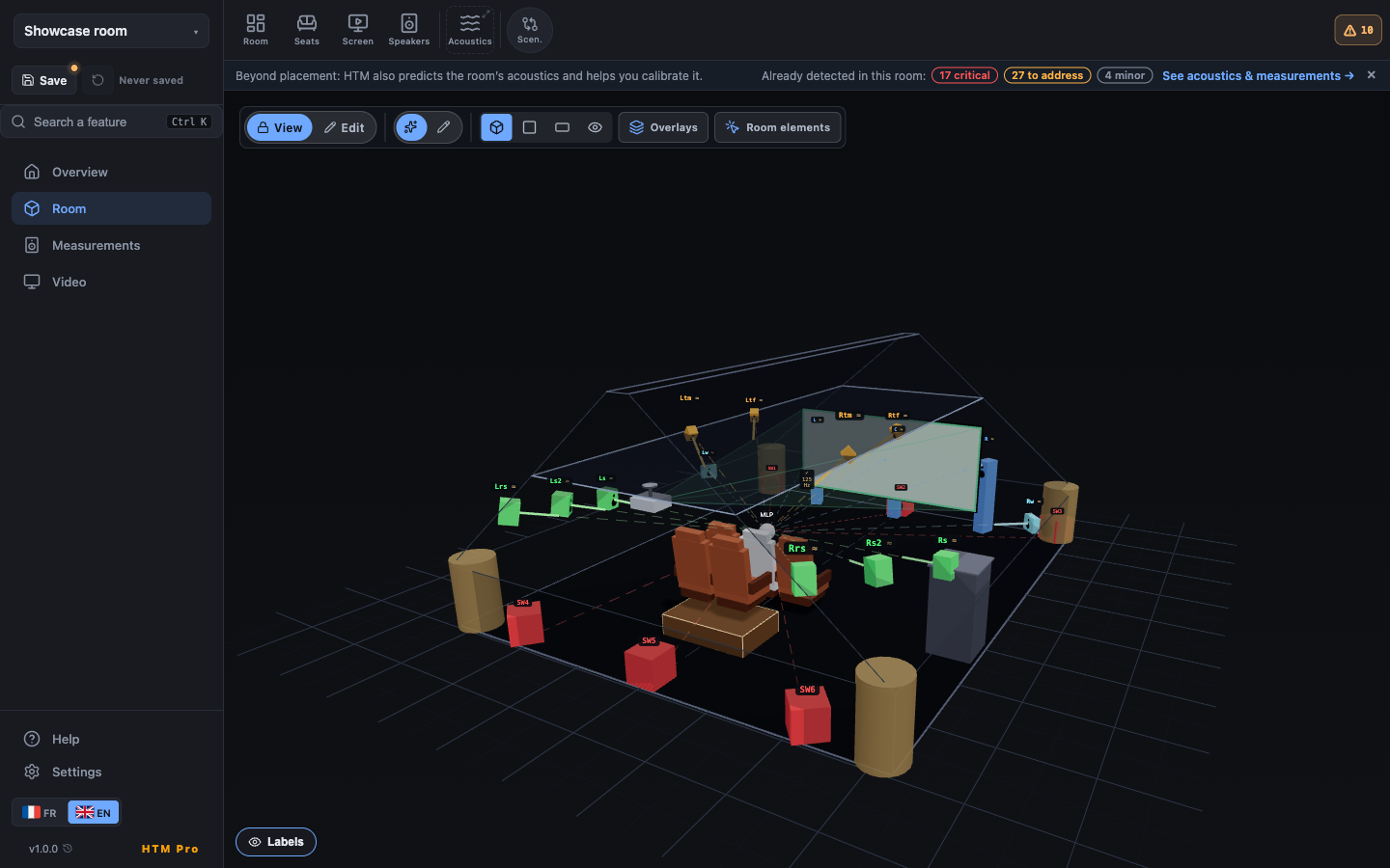 3D room with placed speakers, dimensioned angles and dispersion cones