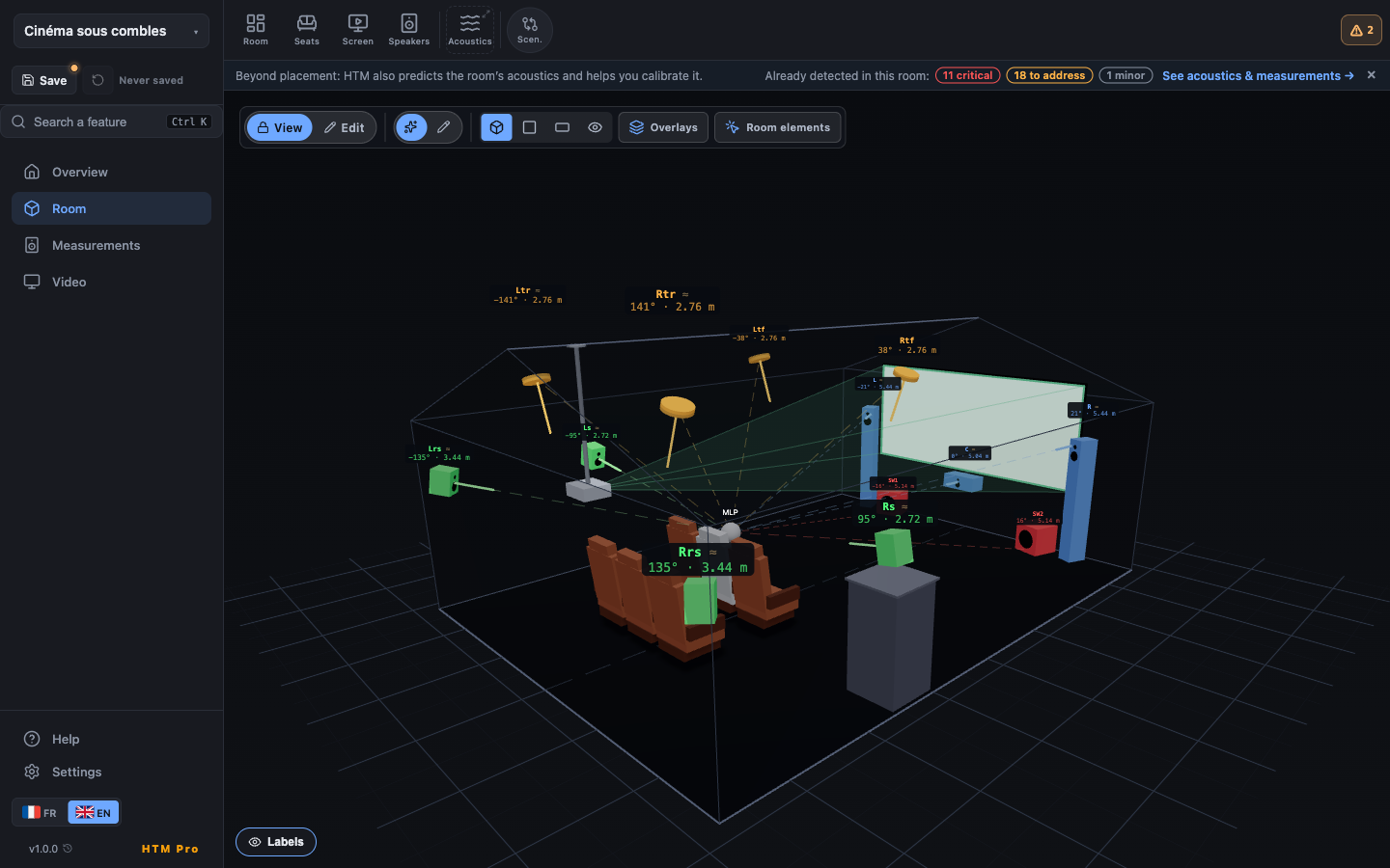 3D view of an attic home cinema in HTM: sloped ceiling, speakers placed along the slope, per-seat angles and distances computed