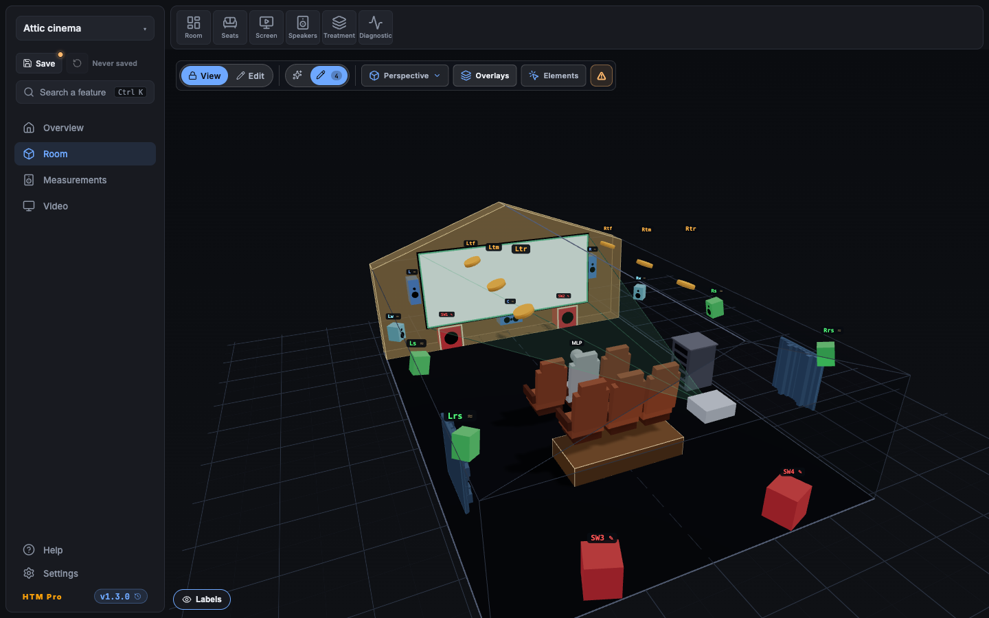 Private attic home cinema in 9.4.6 in HTM: acoustic wall with a solid screen, two subwoofers housed in the partition and two at the rear, rear-wall projector with its beam, diffusers on the rear side walls, ceiling speakers along the slope, two rows of three seats, 3D view