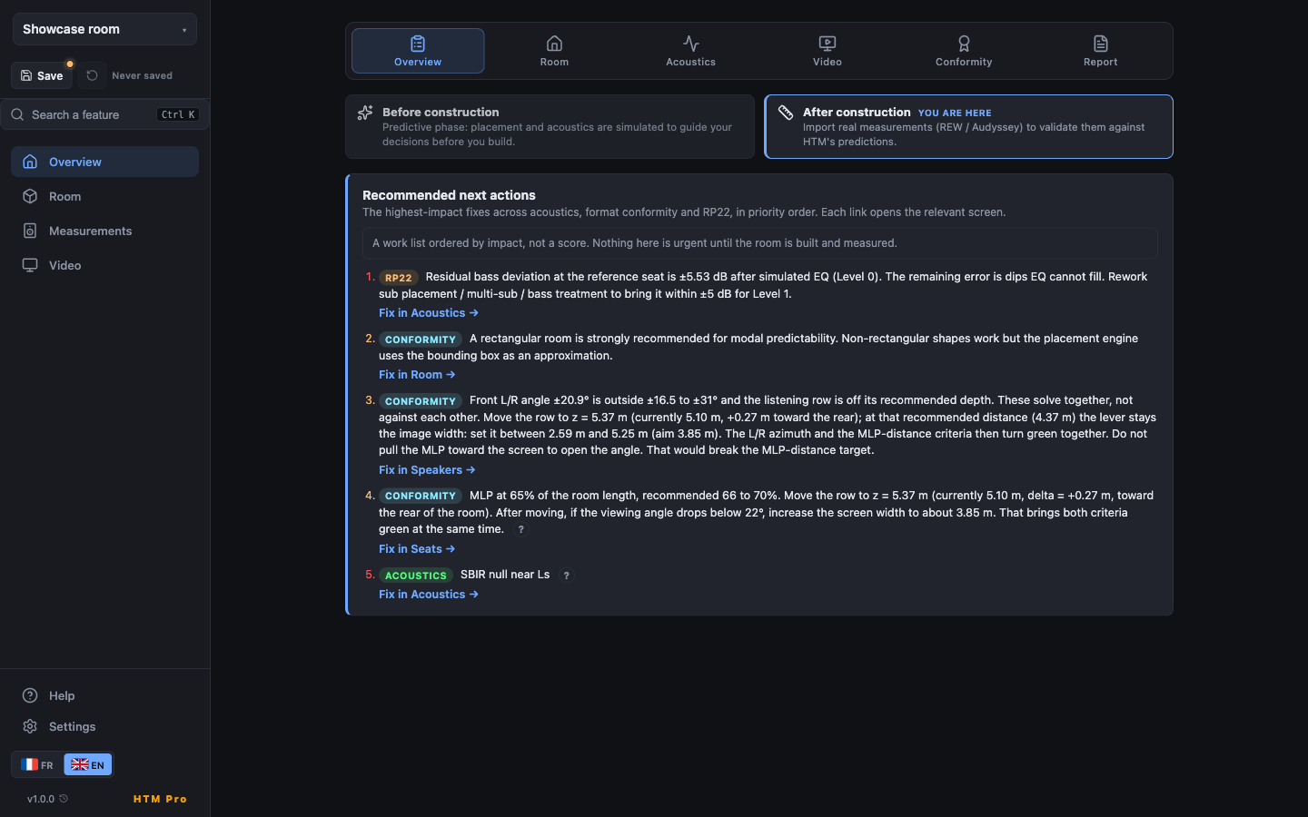 HTM Overview screen: prioritised list of fixes, each linking to the relevant screen