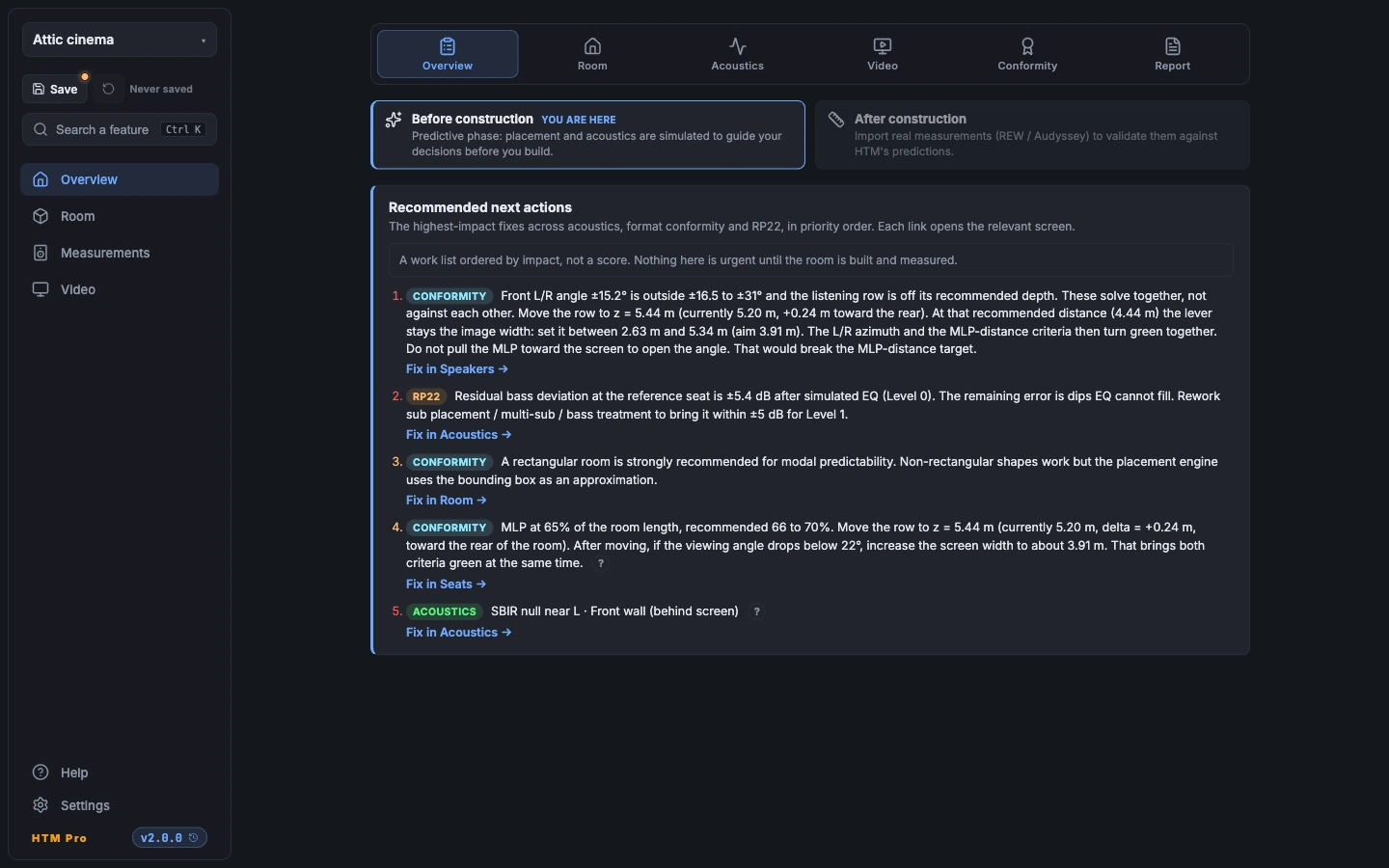 HTM Overview screen: prioritised list of fixes, each linking to the relevant screen