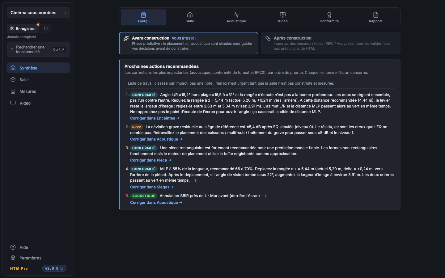 Écran Synthèse de HTM : liste priorisée des corrections à apporter, avec liens vers l'écran concerné