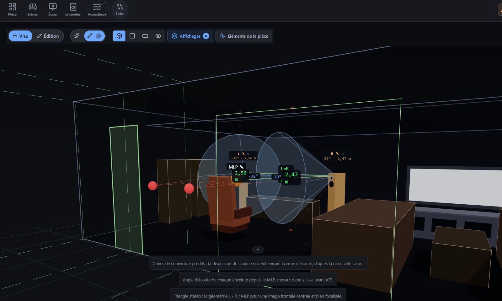 La pièce d'écoute de Grégory modélisée dans Home Theater Maestro : enceintes de monitoring, point d'écoute et surfaces de la pièce
